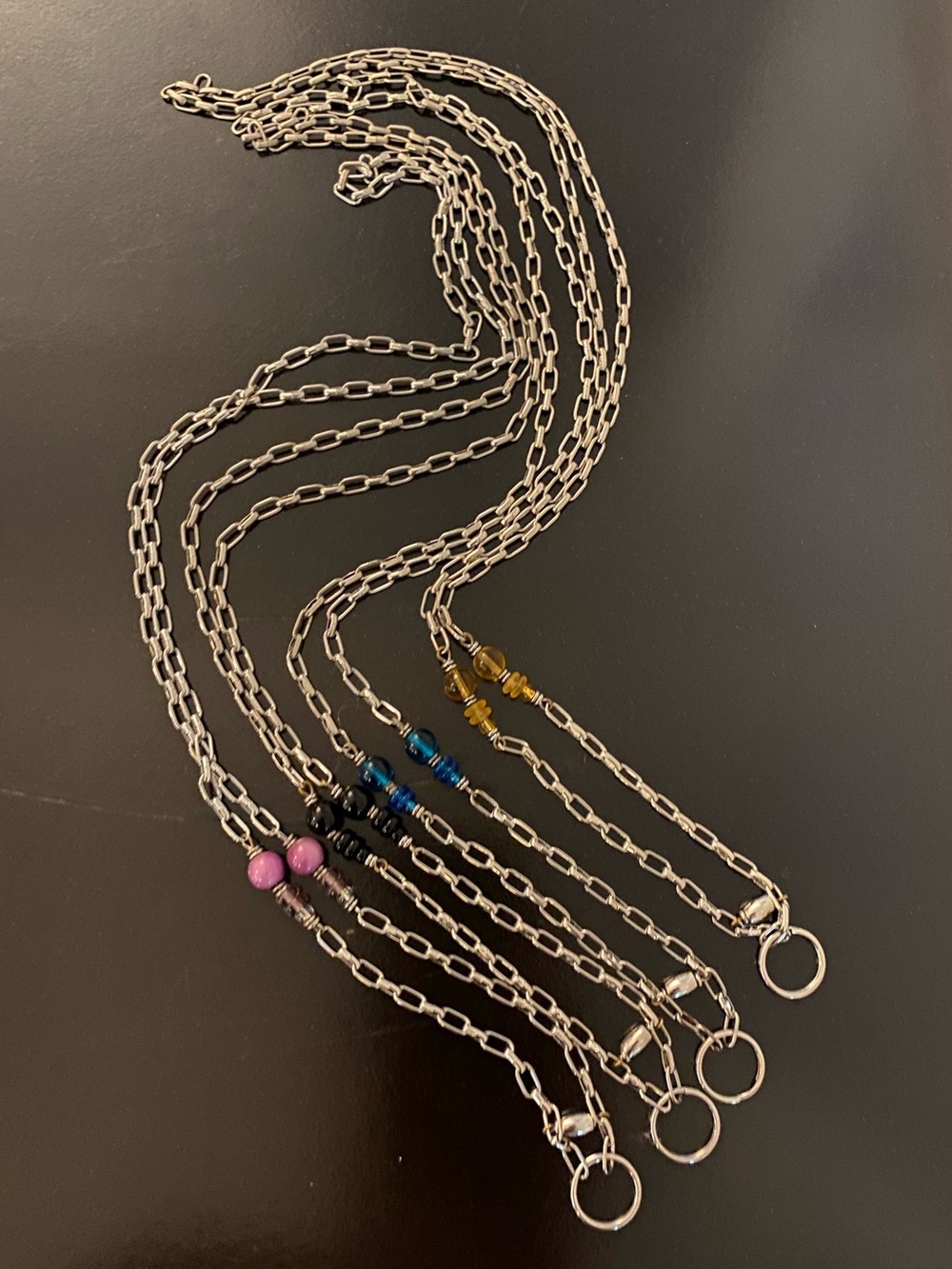 Set of 4 silver-toned tiny paper clip chain lanyard necklaces w/ beaded accents